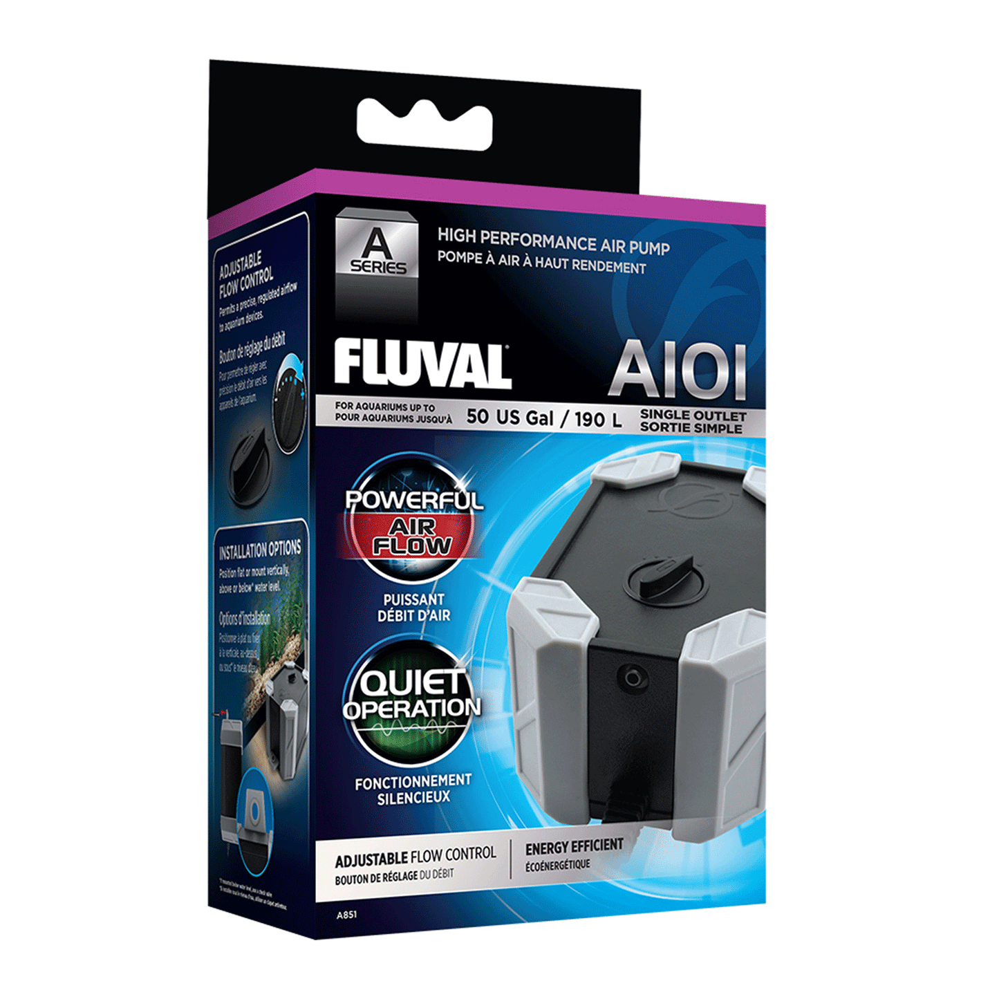 Fluval A101 Series Air Pump 90-110LPH - 50 US Gal/ 190L - Single Outlet 2W